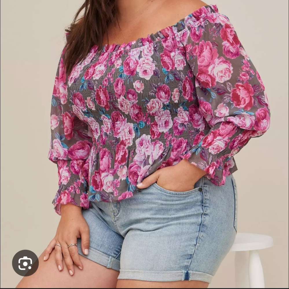 Torrid Pink and Gray Ruffled Blouse